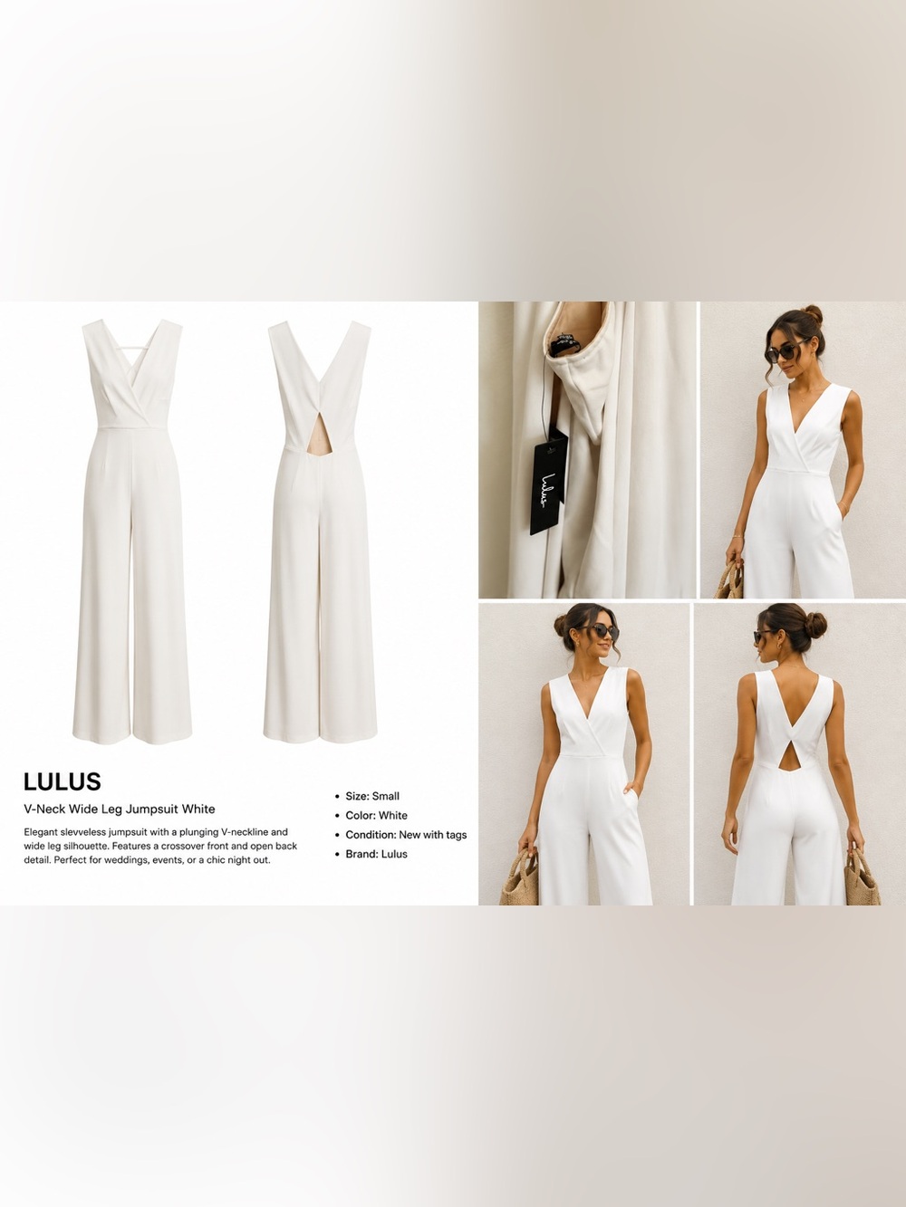 Lulu's White V-Neck Wide Leg Sleeveless Jumpsuit